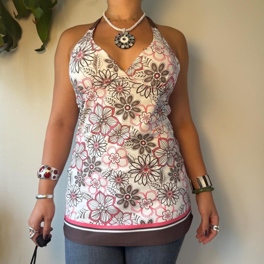 Airwalk Y2K Pink Brown Floral Halter Tankini Top Babydoll Tunic CAB-0217